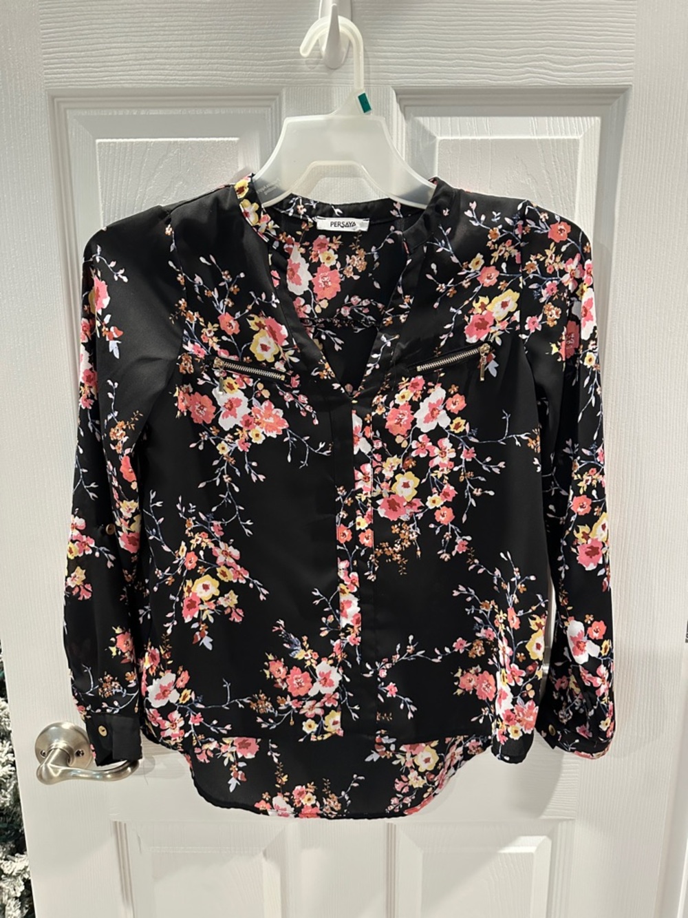 Floral V-Neck Blouse - Black with Pink Floral